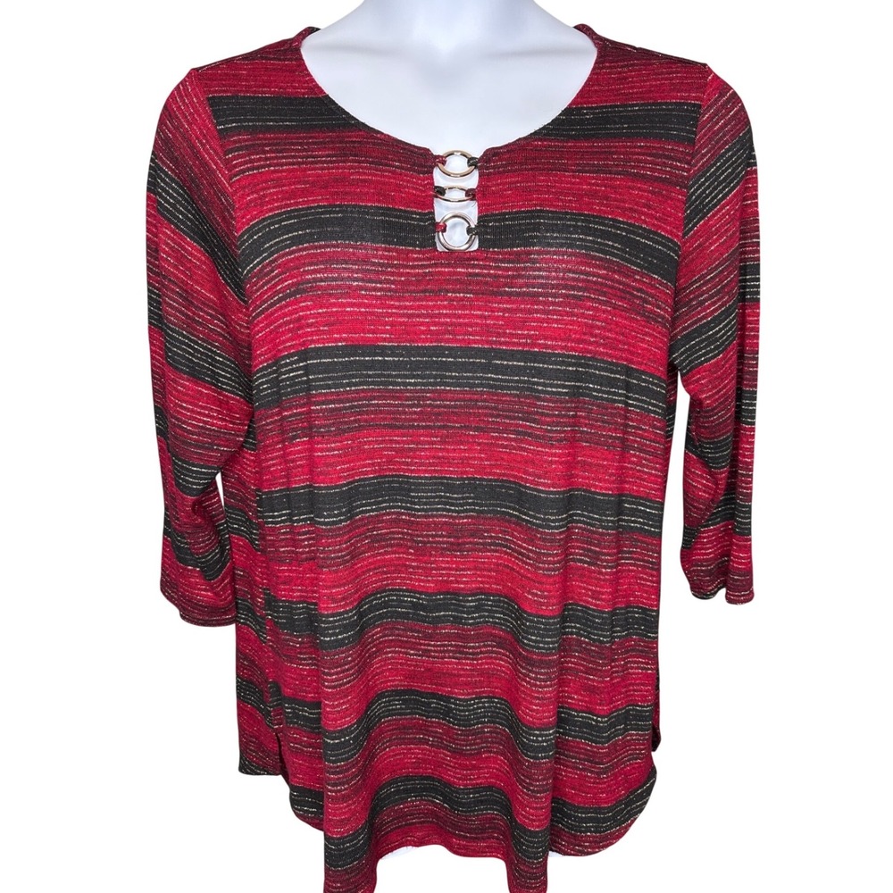 Cocomo Womens Red Black Metallic Striped 3/4 Sleeve Top Sz 1X Office Glam Edgy